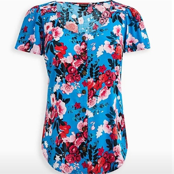 Torrid 🆕 Plus 5 5X Bright Blue Floral Linen Blend Top Shirt Blouse NWT NEW - Picture 1 of 5